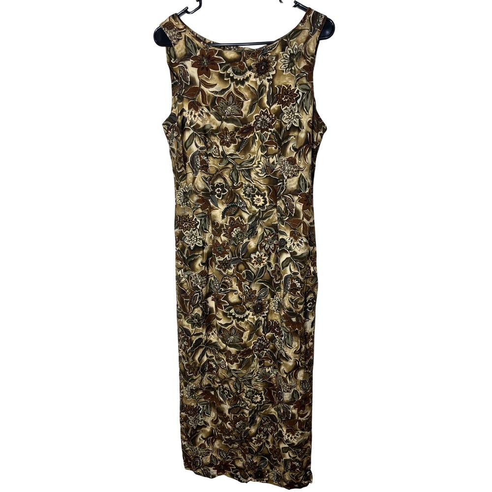 Vintage All That Jazz Floral Sleeveless Maxi Dress Brown Tan‎ Women's Size 13/14